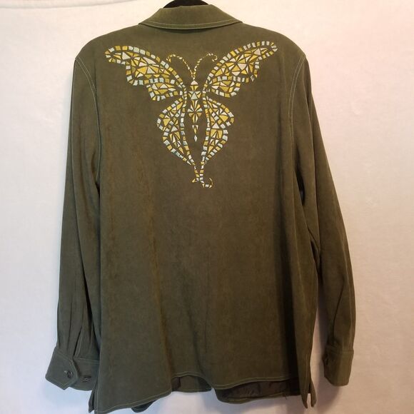 Bob Mackie XL Jacket Pants Wearable Art 2 Piece Green Butterfly Embroidered Boho - Picture 8 of 10